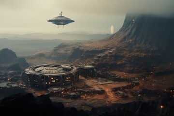 Colonie humaine sur Mars. Paysage futuriste de Mars. IA générative, IA - obrazy, fototapety, plakaty