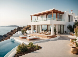 Luxury house with swimming pool and terrace in modern design, contemporary holiday villa exterior.