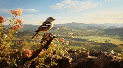 A sparrow sitting on the tree branch on the tope of mountain - obrazy, fototapety, plakaty