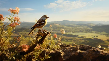 Foto op Canvas A sparrow sitting on the tree branch on the tope of mountain © Love Mohammad