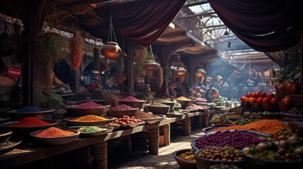 A vibrant souk, its stalls overflowing with colorful spices and fabrics