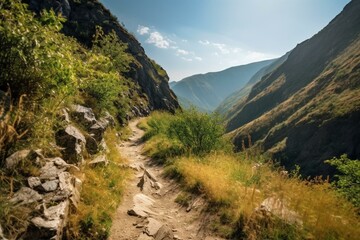 A sunny path along the mountains near cliffs. Generative AI