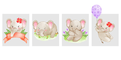 Watercolor cute Elephant cartoon character design collection with different on with background. Vector illustration 
