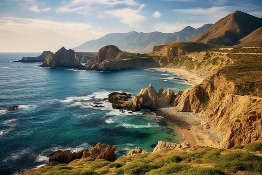 Beautiful coastal landscape in Andalusia's Cabo de Gata, a natural park near Almeria. Generative AI