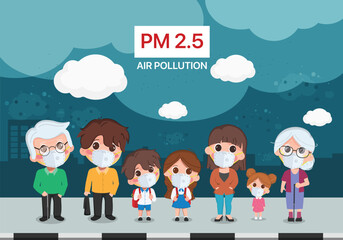 People wearing a mask to protect PM2.5 dust. Air Pollution. Cartoon people in the city illustration vector design.