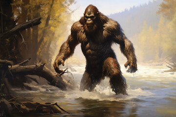 Bigfoot, also known as Sasquatch, is a legendary and elusive creature of North American folklore, often described as a large, ape-like hominid, computer Generative AI stock illustration image