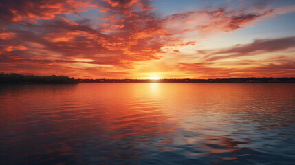 Fototapeta na wymiar A vibrant, multi-colored sunset over a lake