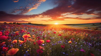 A vibrant, multi-colored sunset over a field of wildflowers