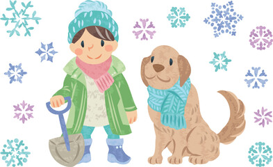 冬　子どもと犬と雪の結晶のイラスト
