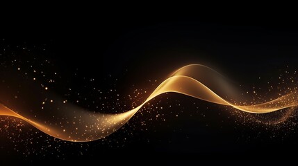 Golden Wave of Lights and Sparkle: Elegant Fluid Data Transfer Technology with Bokeh Gold Swirl on Black Background - Luxury Greetings, Business, Technology Concept