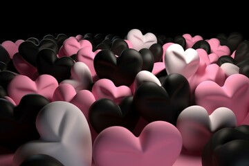 Background with hearts in multiple colors. Valentine wallpaper showcasing pink, white, and black love hearts. 3D illustration. Generative AI