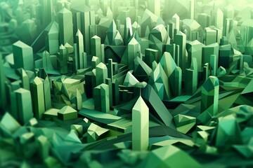 Abstract, urban artwork: green low poly 3D cityscape of New York with a minimalist cubist style. Generative AI