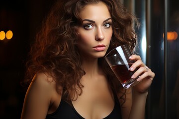 The beautiful girl in a black tank top is drinking a glass of water generative ai
