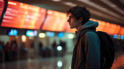 teen at the international airport looking at information board