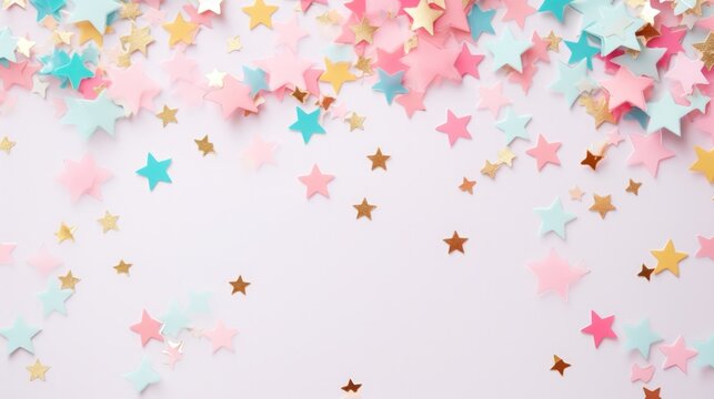 Abstract star confetti pastel color on pink background.