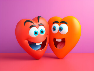 Funny cartoon heart characters on colored background. 3D plastic hearts having fun. Cute cartoon heart character with surprised face, friends having fun. Friendship day or Hug Day illustration