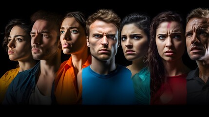 Expressive faces, men and women displaying a spectrum of emotions, from anger to contentment, emphasizing human depth beyond gender