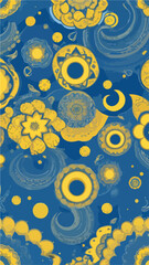 Cartoon Starry Night Seamless Pattern with Yellow and Blue Cempaka Flowers