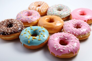 Delicious donuts in various flavors with vibrant colors, set against a white backdrop. Generative AI