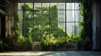 Wall of high-rise building covered with plants, reflection of sunlight in one of the windows
