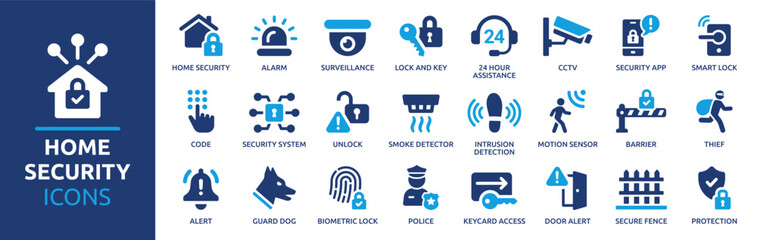 Home security icon set. Containing alarm, surveillance, lock, CCTV, thief, key, intrusion detection, guard dog and more. Vector solid icons collection. - obrazy, fototapety, plakaty