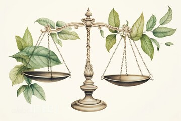 Drawing of balance scale with leaves, scale of justice on other side, scale scale balance. Generative AI