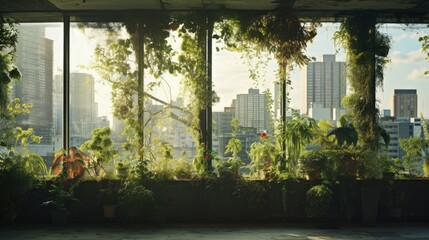 Fototapeta premium Wall of high-rise building covered with plants, reflection of sunlight in one of the windows