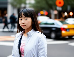 A young Asian girl in the middle of a busy city traffic