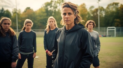 Women in sports, a female coach guiding a mixed-gender team, leadership and determination evident.