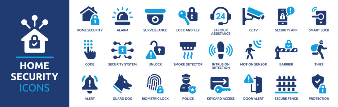 Home security icon set. Containing alarm, surveillance, lock, CCTV, thief, key, intrusion detection, guard dog and more. Vector solid icons collection.