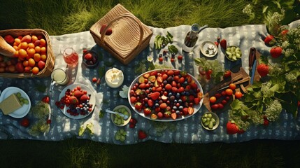 Obraz na płótnie Canvas summer picnic on the grass with an open picnic basket, fruit, with toasted sandwiches and berries. picnic tablecloth. view from above.