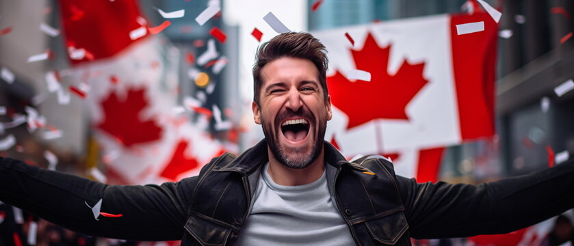 Portrait of pretty and happy Canadian man standing with smile, in front of canada flags, shouting, celebrating victory or success. Generative ai