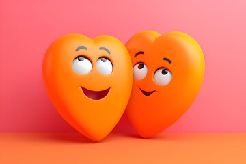 Cartoon heart characters in love on colored background. 3D shy cartoon hearts with embarrassed faces. Cute plastic hearts in love. Hug Day or Valentine Day illustration, emoji template