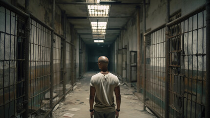 Fictitious bald man stands in a foreign prison AI generative