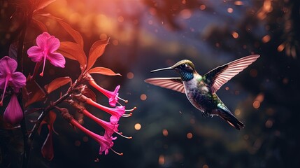 Hummingbird with pink flower. Brown Inca, Coeligena wilsoni, flying next to beautiful pink bloom, Colombia. Bird in the blooming garden. Wildlife scene from nature. Animal in the tropic forest.
