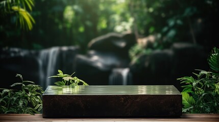 Wood table top podium floor in outdoor waterfall green tropical forest nature background.Natural water product present placement pedestal counter display, spring summer jungle paradise concept.