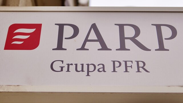 Warsaw, Poland. 28 October 2023. Sign PARP. Grupa PFR. Company signboard PARP. Grupa PFR. 