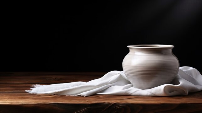 Clay pot of water with white linen cloth on a dark wood background with copy space - Powered by Adobe