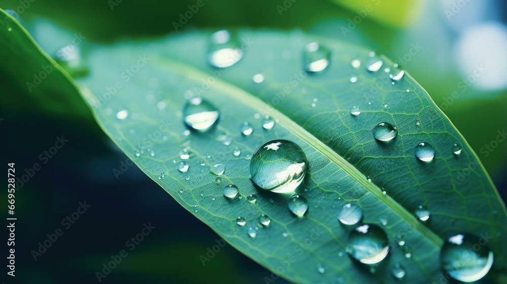 Aufkleber Large drop water reflects environment. Nature spring photography — raindrops on plant leaf. Background image in turquoise and green tones with bokeh.
