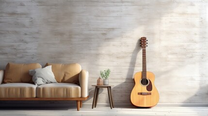 Minimalistic interior design concept. Acoustic guitar on grey textile sofa in spacious room of loft style apartment with wood textured laminated flooring. Background, copy space, close up. - obrazy, fototapety, plakaty