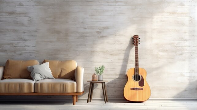 Minimalistic interior design concept. Acoustic guitar on grey textile sofa in spacious room of loft style apartment with wood textured laminated flooring. Background, copy space, close up. - Powered by Adobe