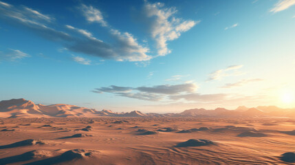 A vast, sandy desert stretches out before you, with dunes and rocky outcroppings as far as the eye can see The sky is a deep, hazy blue, and the sun is setting in the distance