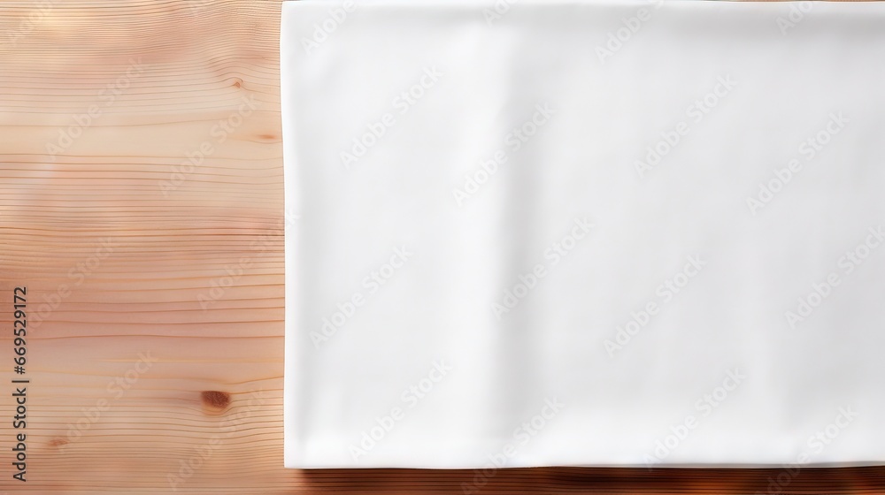 Poster top view with white empty kitchen napkin isolated on table background. folded cloth for mockup with 