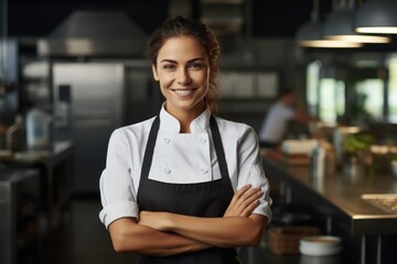 Coffee shop, crossed arms and portrait of woman in cafe for service, working and professional in bistro. Small business owner, restaurant startup and female waiter smile in cafeteria ready to serve