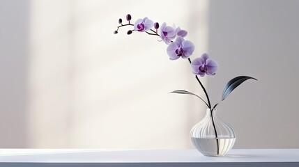 Sprig of purple orchid in transparent vase on white background with bright lighting, copy space, horizontal photo. Flower silhouette and blurred shadow mesh on wall. Orchidaceae, minimalist aesthetic.