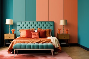 Light, cute and cozy home bedroom interior with unmade bed, peach  plaid and cushions on empty teal wall background. 3D rendering.