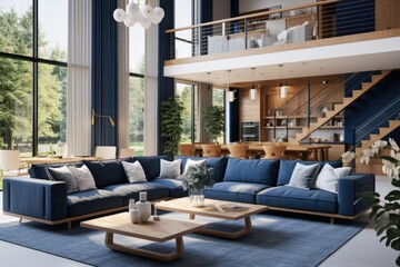 Zoom background: a modern high penthouse living room with large windows. A combination of blue and wood in the interior, a penthouse with a staircase, a second floor and a design solution space  - obrazy, fototapety, plakaty