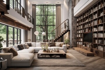 Luxurious luxury apartment with a staircase and two floors. A huge house with high ceilings, panoramic windows and comfortable furniture. Apartment with sofa, table, fireplace and TV. Unique design