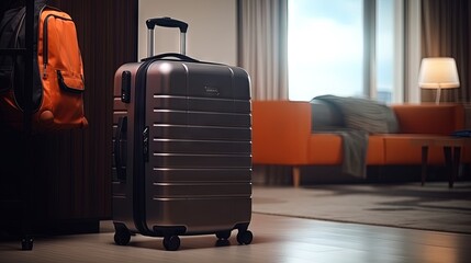Naklejka premium Black Luggage in modern hotel room after door opening. Baggage for Time to travel, service, journey, trip, summer holiday and vacation concepts