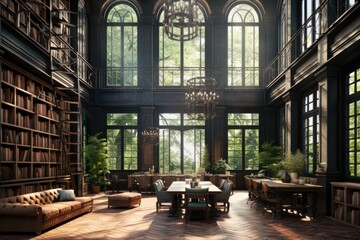 Huge ancient historic library with large windows and high ceilings . Authentic interior of the room with books  - obrazy, fototapety, plakaty